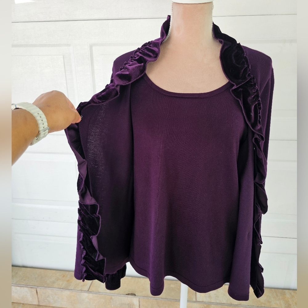 Elementz Woman's Purple Velvet Ruffle Cardigan Sweater XL Romantic Gothic Retro - Picture 3 of 13